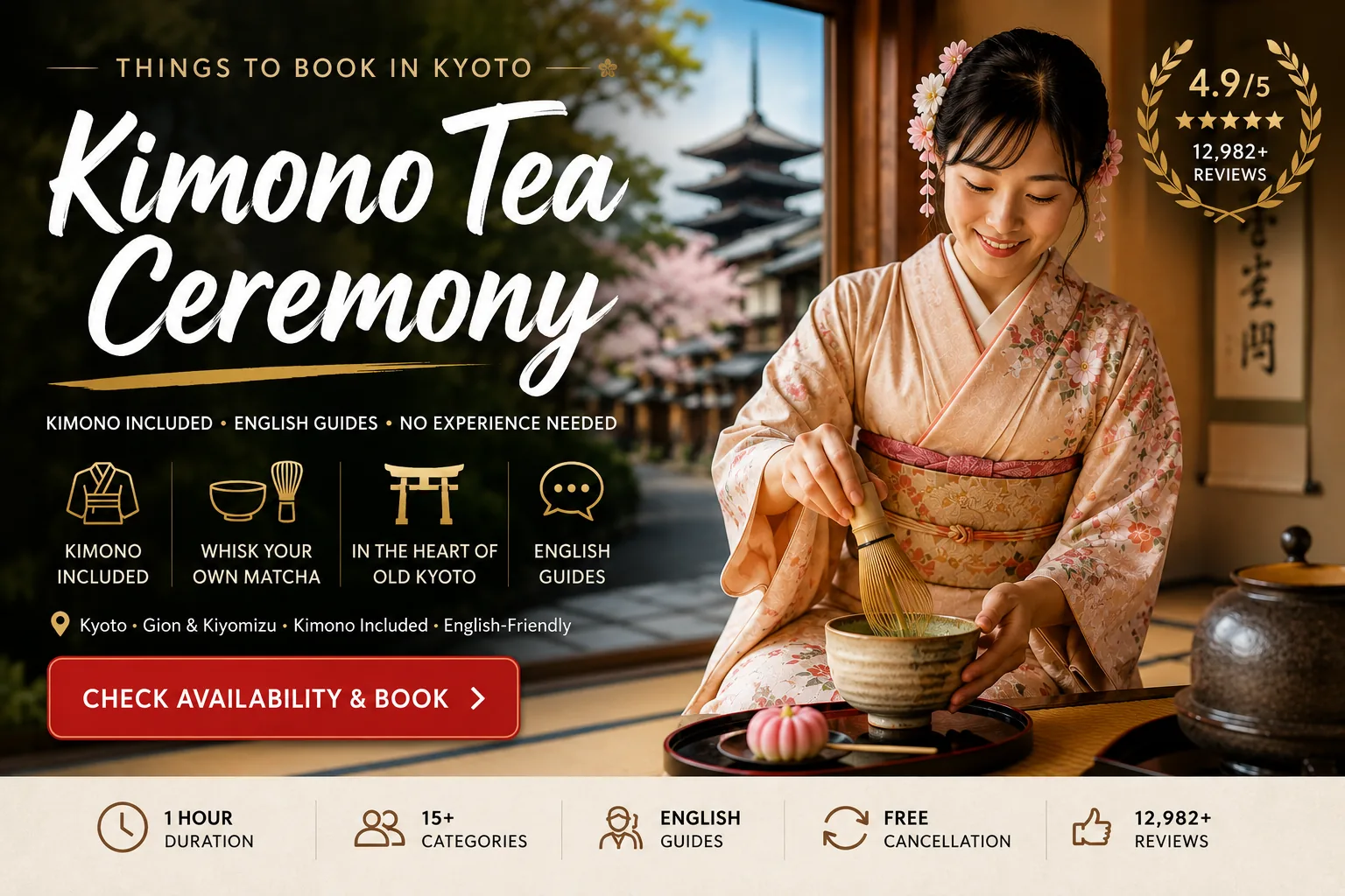 Kimono tea ceremony in Kyoto — a woman in a floral silk kimono whisks matcha with a bamboo chasen at a low table, a wagashi sweet on the tray beside her, with a Kyoto pagoda among cherry blossoms behind