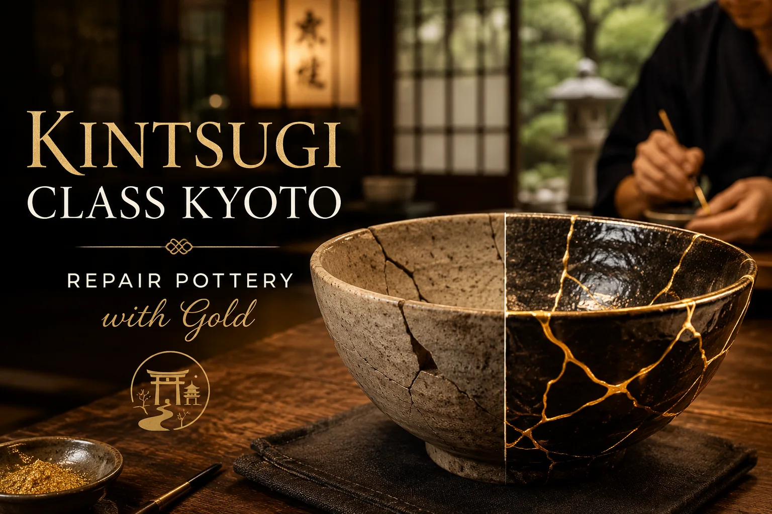 A kintsugi master repairing a cracked ceramic bowl with gold in a Kyoto workshop — the broken seams traced in gold lacquer, with a dish of gold powder alongside