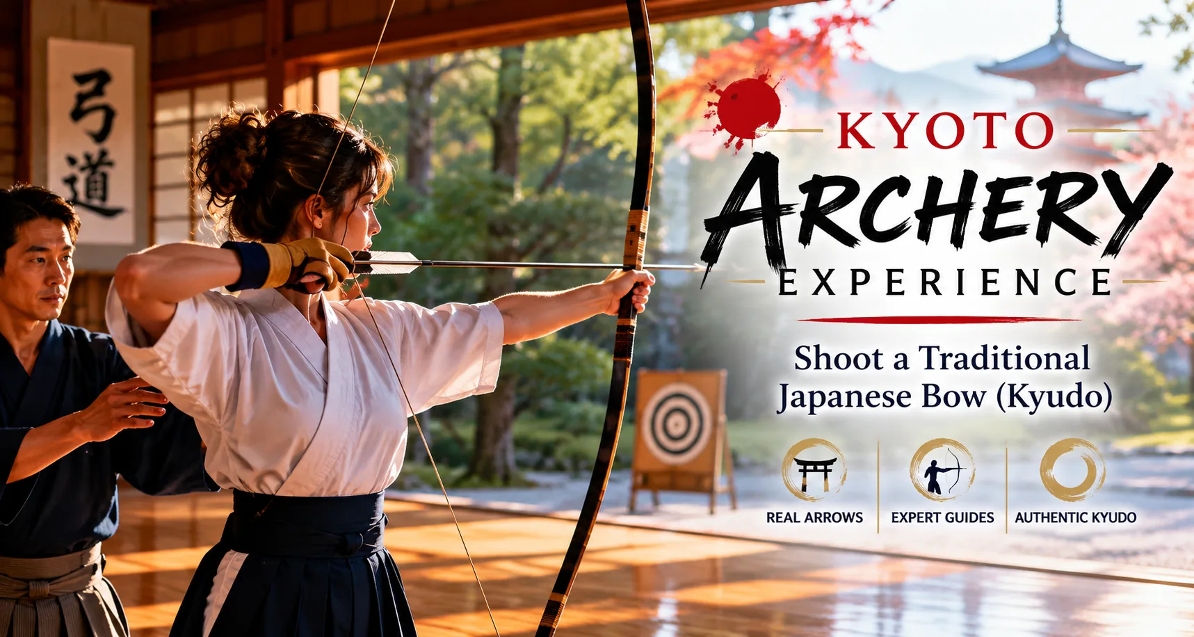 A student drawing a long asymmetric Japanese yumi bow under an instructor's guidance in a Kyoto dojo, a target in the background — a traditional kyudo archery experience