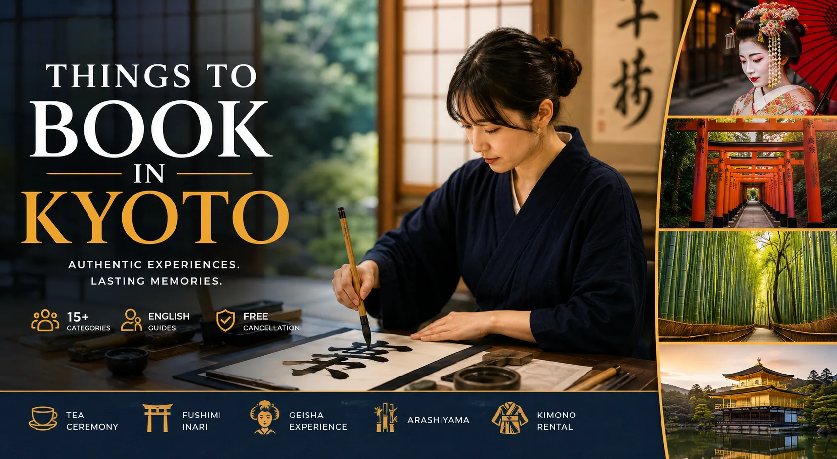 A calligrapher brushing a large kanji character with a fude brush and sumi ink in a traditional Kyoto machiya — learn shodo and take your work home