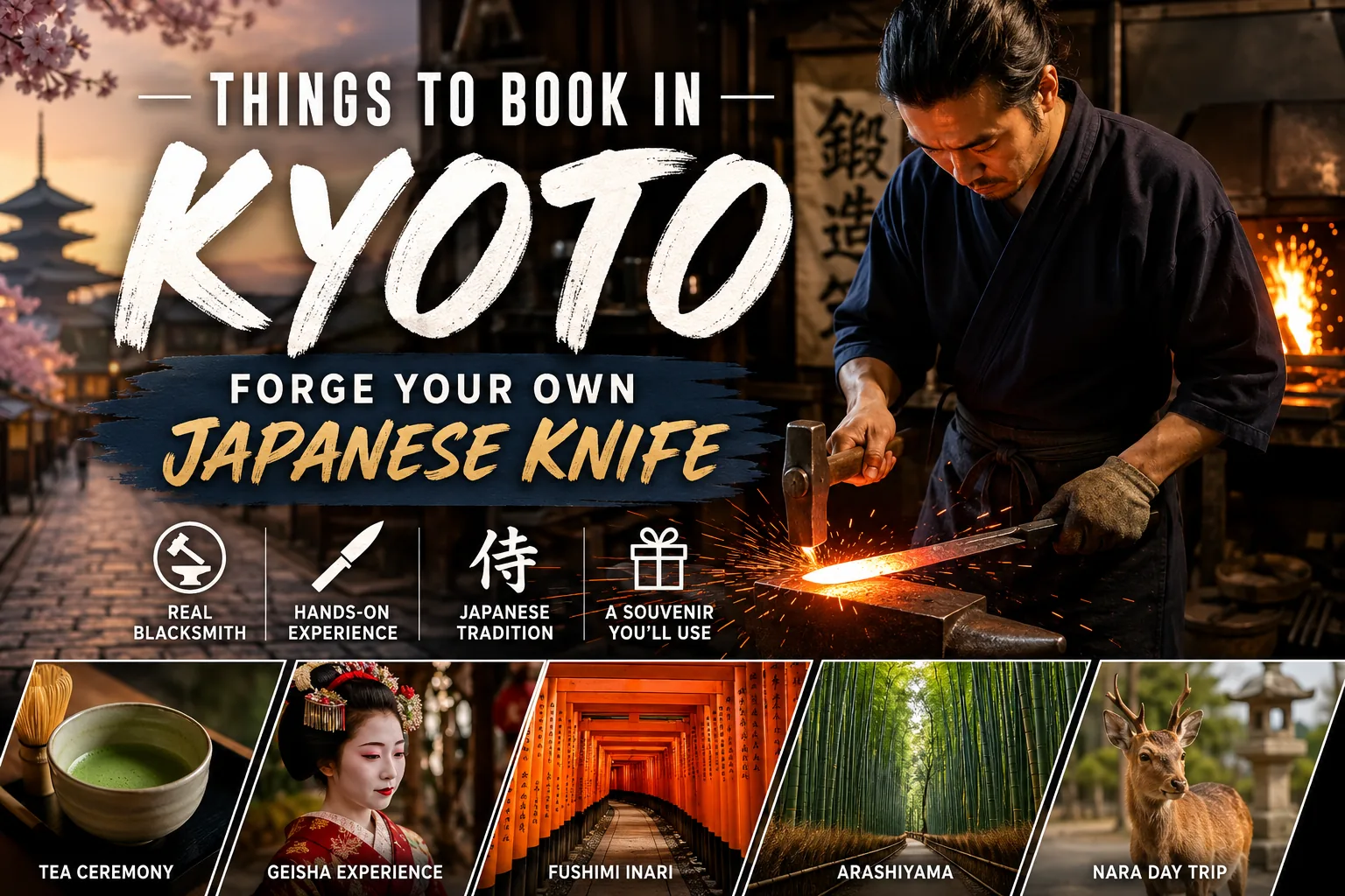 A blacksmith in a Kyoto forge hammering a glowing high-carbon steel blade on an anvil with sparks flying — forge your own Japanese knife to take home