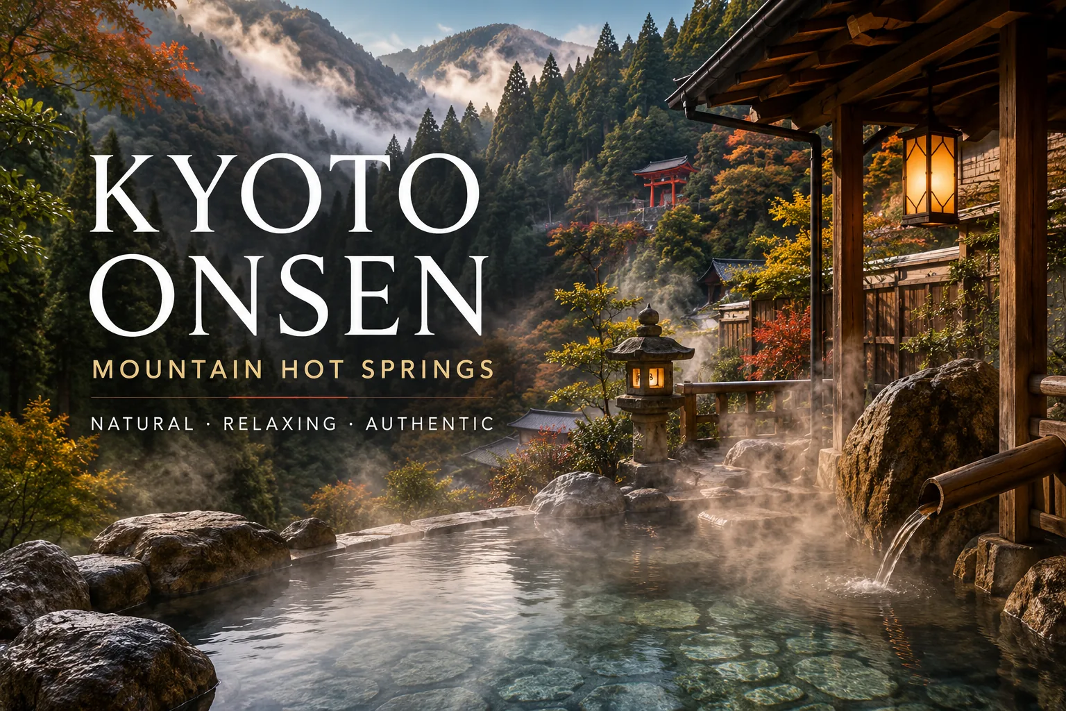 Kyoto onsen — a steaming open-air hot-spring bath (rotenburo) among autumn mountains, with a stone lantern and a wooden ryokan, the kind of natural mountain hot spring found around Kurama and Ohara near Kyoto