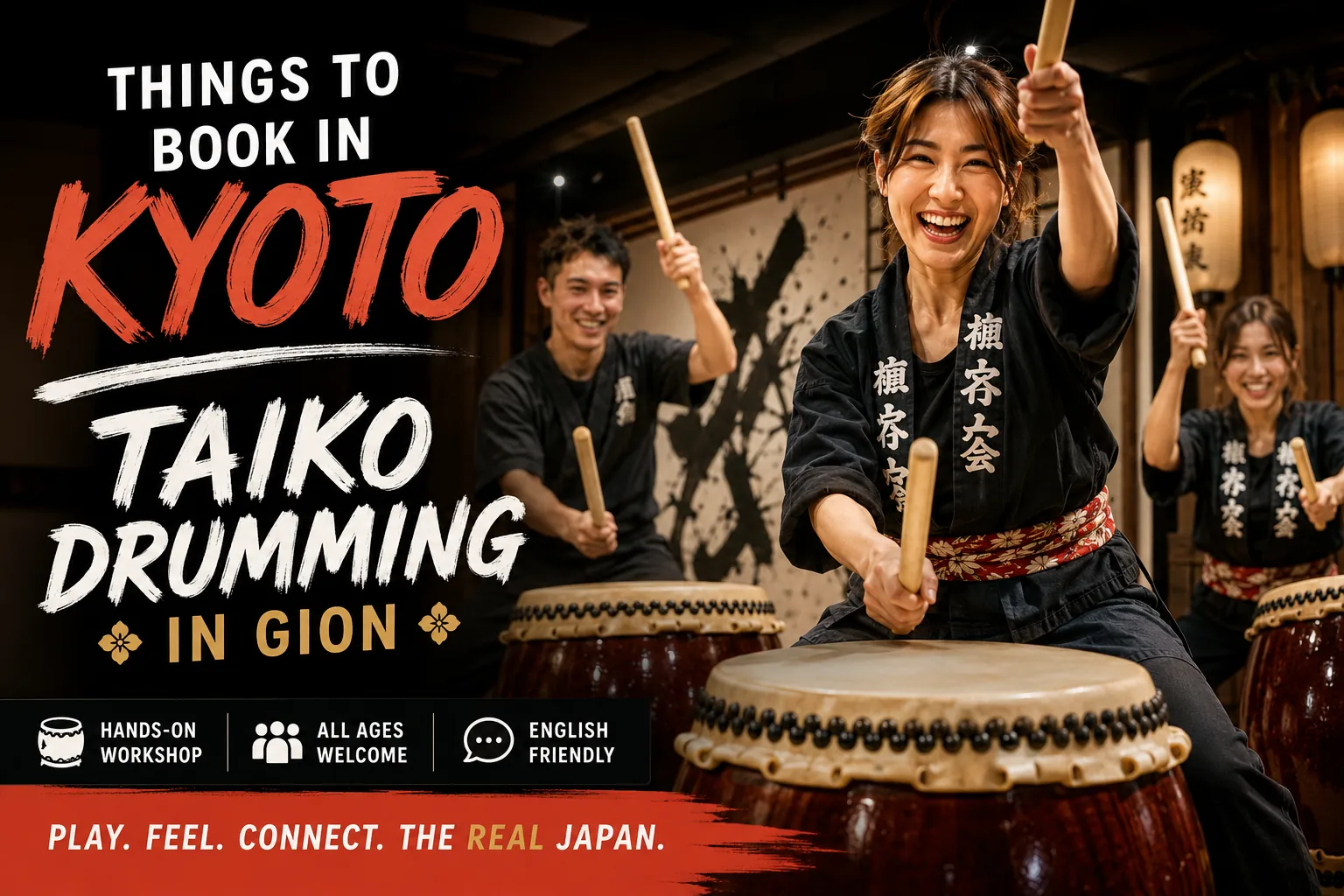 Players mid-rhythm on full-size Japanese taiko drums at a hands-on workshop in Gion, Kyoto — sticks raised, big drums, energetic and joyful