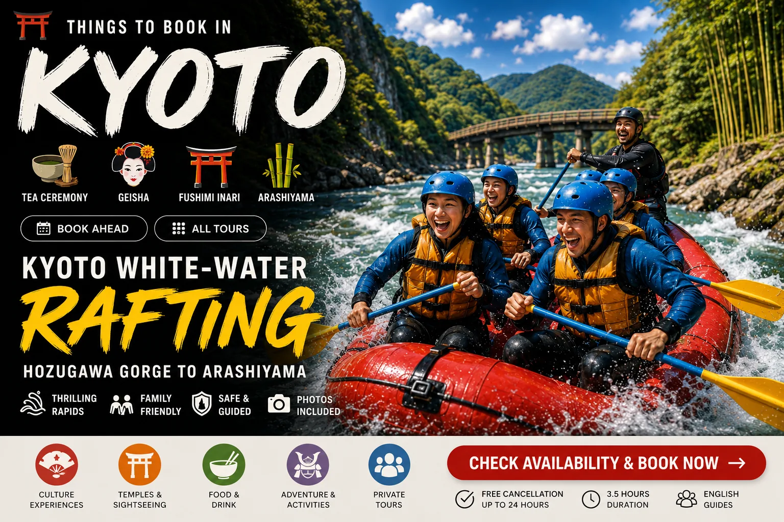 Kyoto white-water rafting on the Hozugawa River — a team in helmets and life jackets paddles a red raft through churning rapids in the forested Hozu gorge, a bridge and green mountains behind on the way to Arashiyama