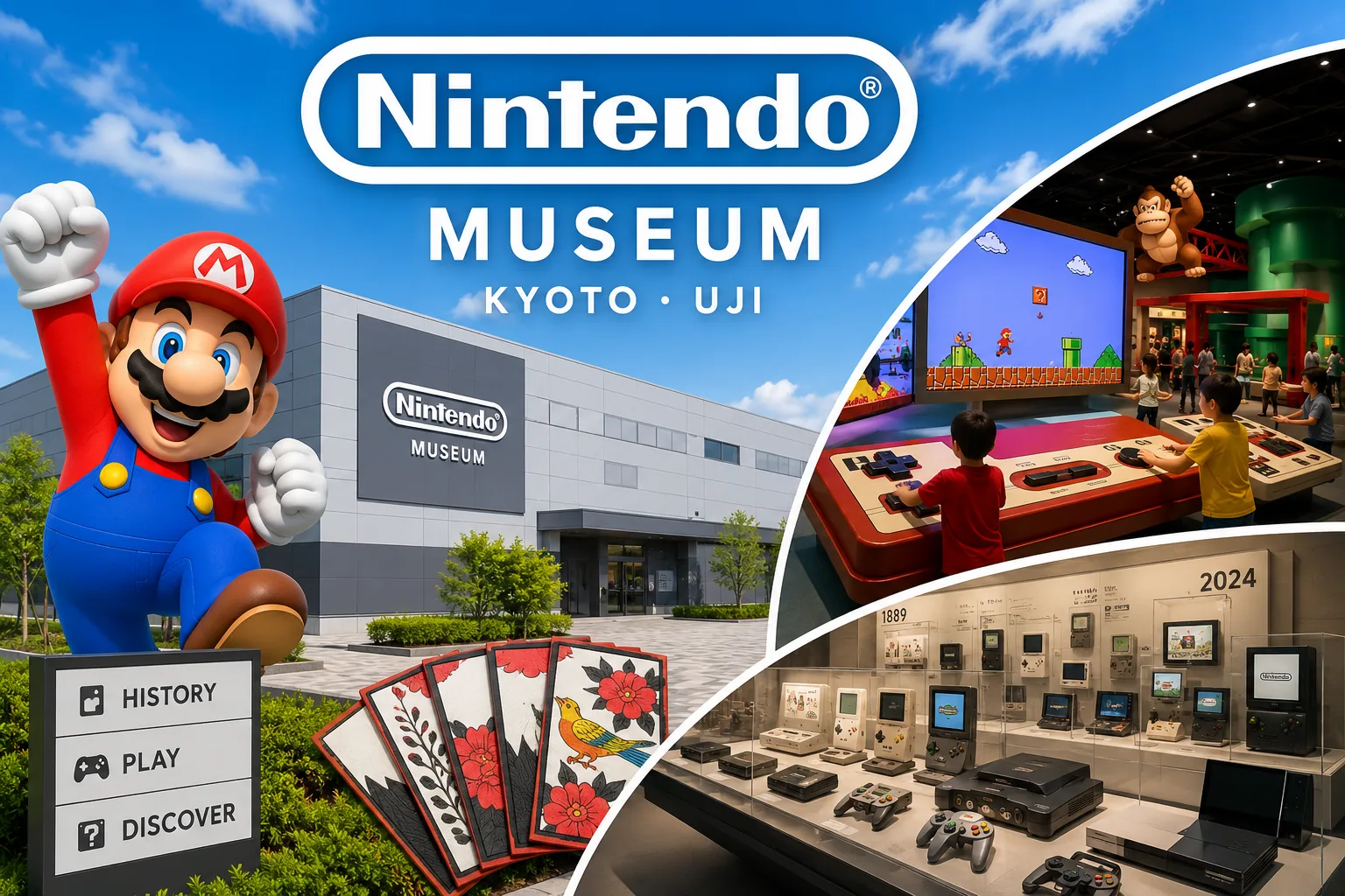 Nintendo Museum in Uji, Kyoto — the museum building with a giant Mario, kids playing on an oversized Famicom controller, hanafuda playing cards, and a display case of Nintendo consoles from 1889 to 2024