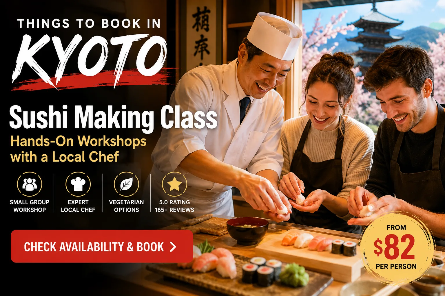 Sushi making class in Kyoto — a local chef in a white jacket and cap teaches two students to hand-shape nigiri at a wooden counter, with plates of maki rolls in front and a Kyoto pagoda among cherry blossoms behind
